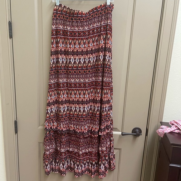 Knit, Aztec print maxi skirt with ruffle detail at bottom. - Picture 1 of 2